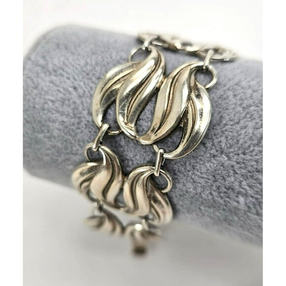 Vintage Bracelet Sterling Silver Wide Wave Tulip Leaves Design 7.5" Wrist LI644 - Picture 3 of 9